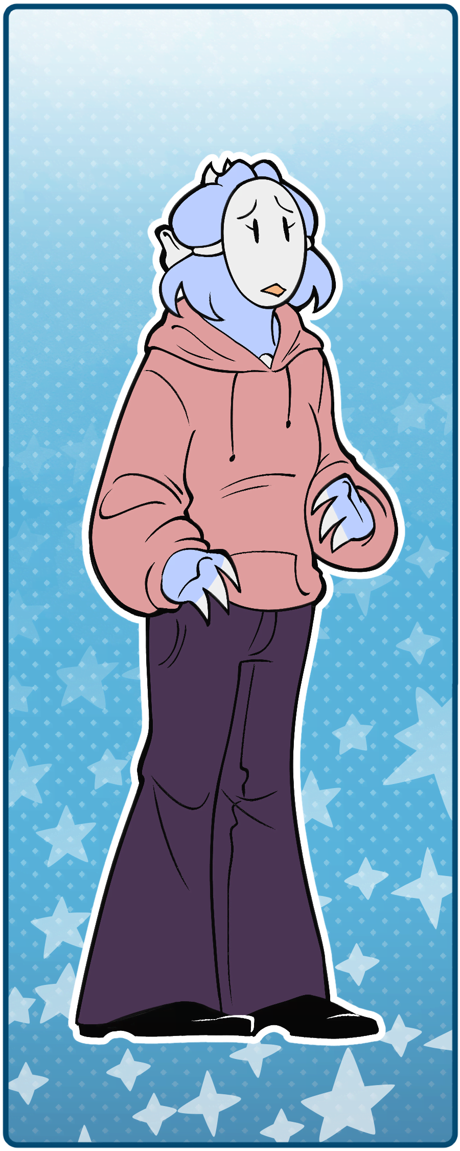 a fullbody illustration of diane, an anthropomorphic bluebird wearing a mask, pink hoodie and dark purple pants.