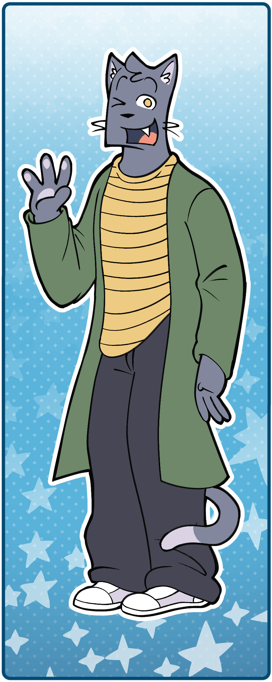 A fullbody illustration of Sam, an anthropomorphic blueish cat wearing a yellow striped shirt, green jacket and dark blue pants. He is looking directly at the viewer.