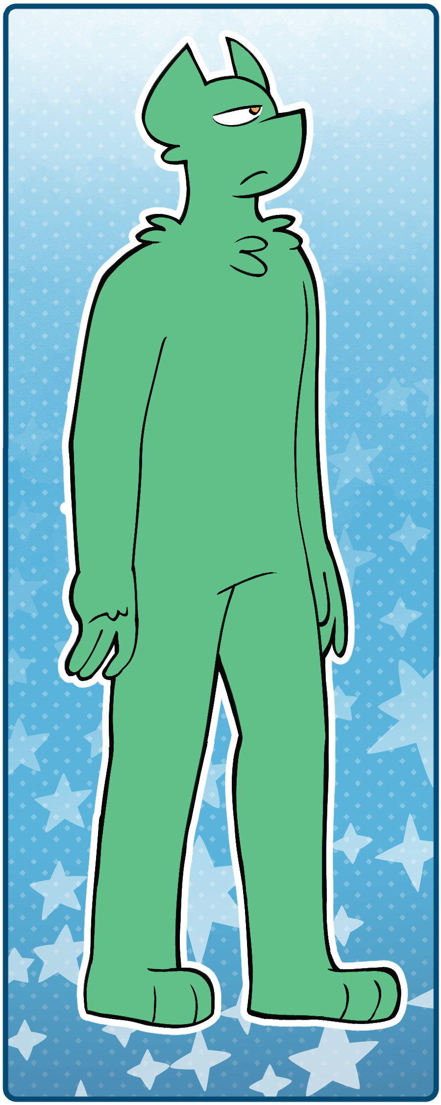 A fullybody illustration of Shiko, a green one-eyed alien. He is staring at the camera with no expression.