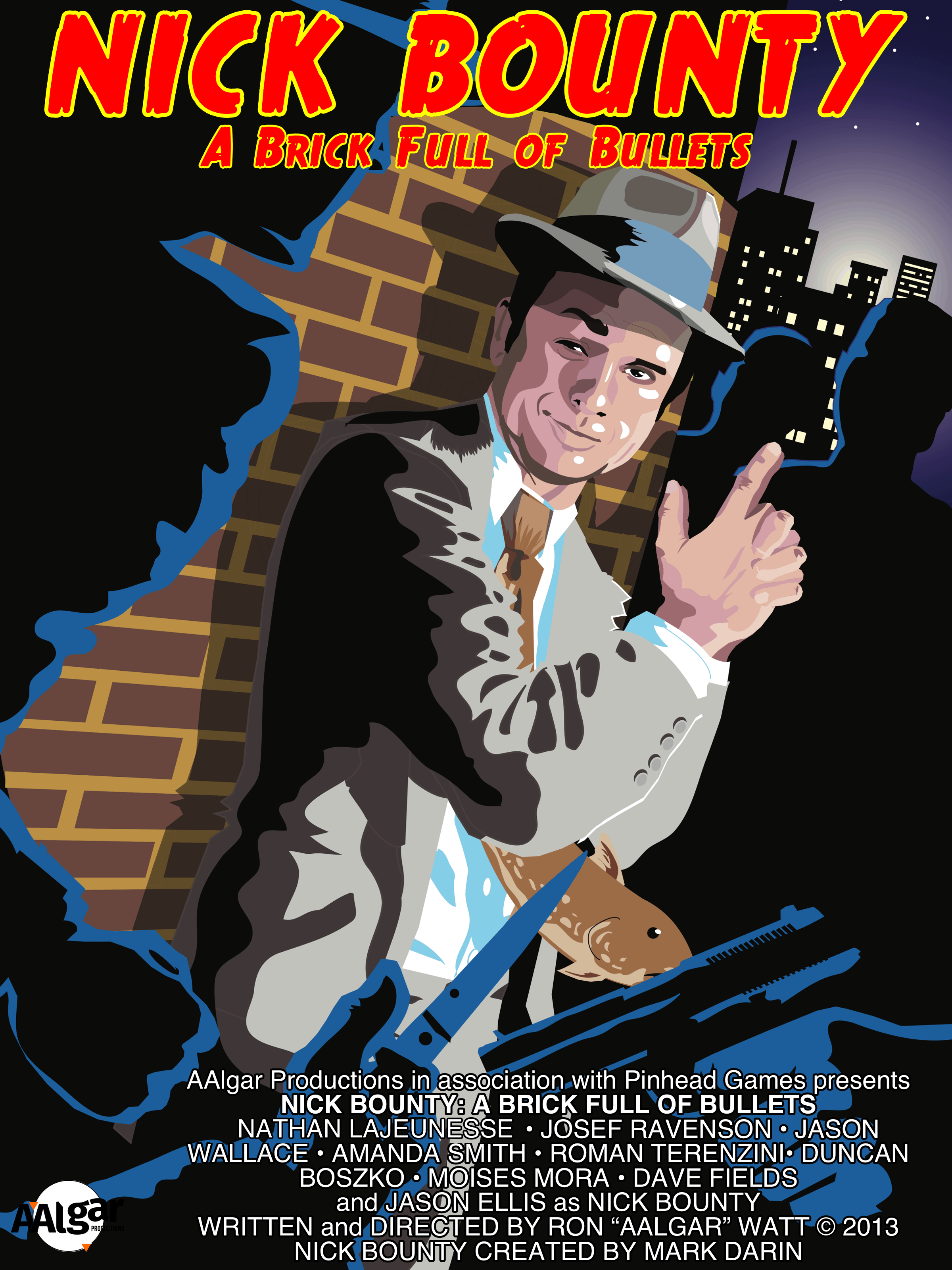 Poster for the Nick Bounty radio play, featuring an illustration of Nick Bounty cornered by shadowy figures. He has his hands raised as if he were holding a gun.